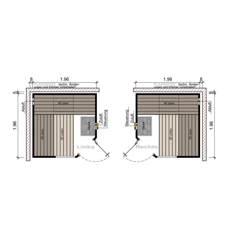 Technische Zeichnung der Frieda 5-Eck-Sauna – Modellvariante mit Türanschlag links und rechts, Maße 196 × 196 cm