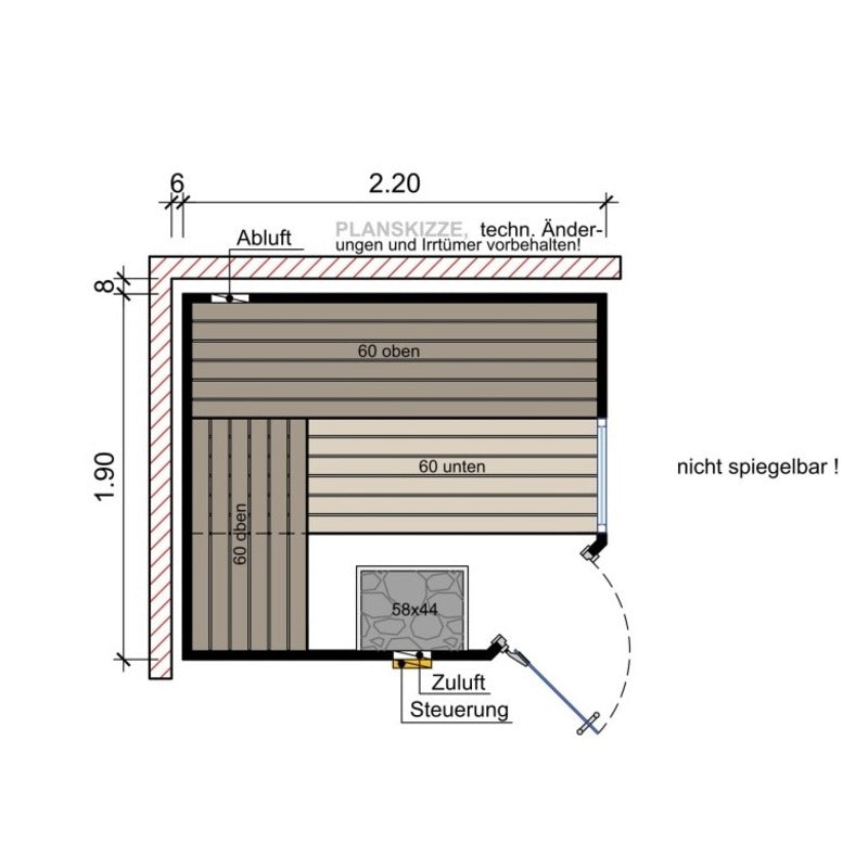 Layout der Frieda Sauna 220 × 190 cm – großzügige Innenraumaufteilung mit klarer Sitzbankstruktur, nicht spiegelbar
