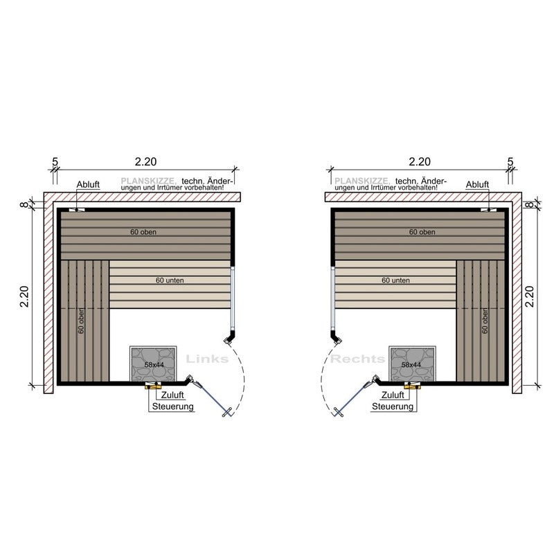 Bauzeichnung Frieda Sauna 220 × 220 cm – symmetrisches Innenraumkonzept mit wählbarem Türanschlag