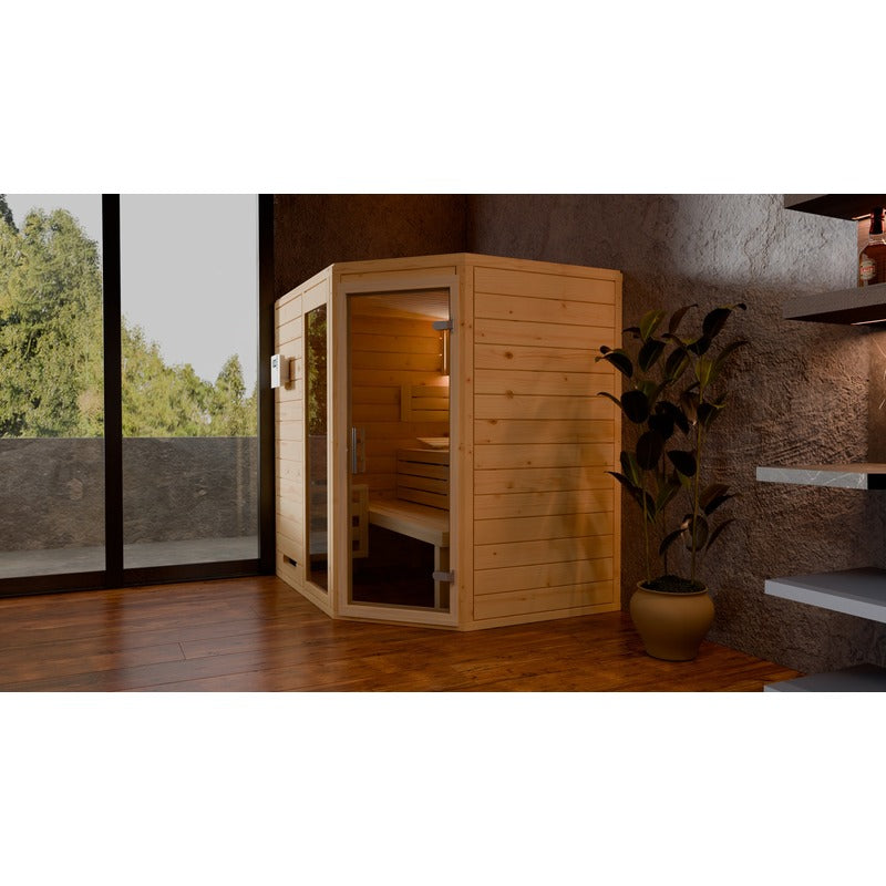 Detailansicht der Frieda 5-Eck-Innensauna von FinA Wellness – natürliche Holzstruktur und klare Linienführung
