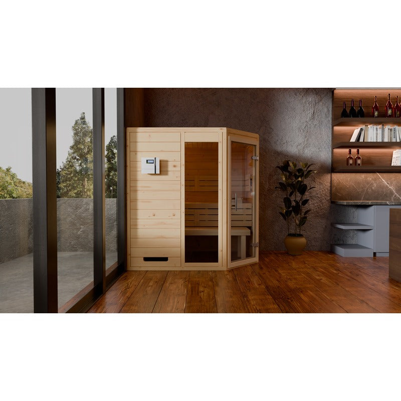 Raumansicht der Frieda Ecksauna – modernes Saunadesign aus hellem Massivholz mit Glastür und Steuerungseinheit
