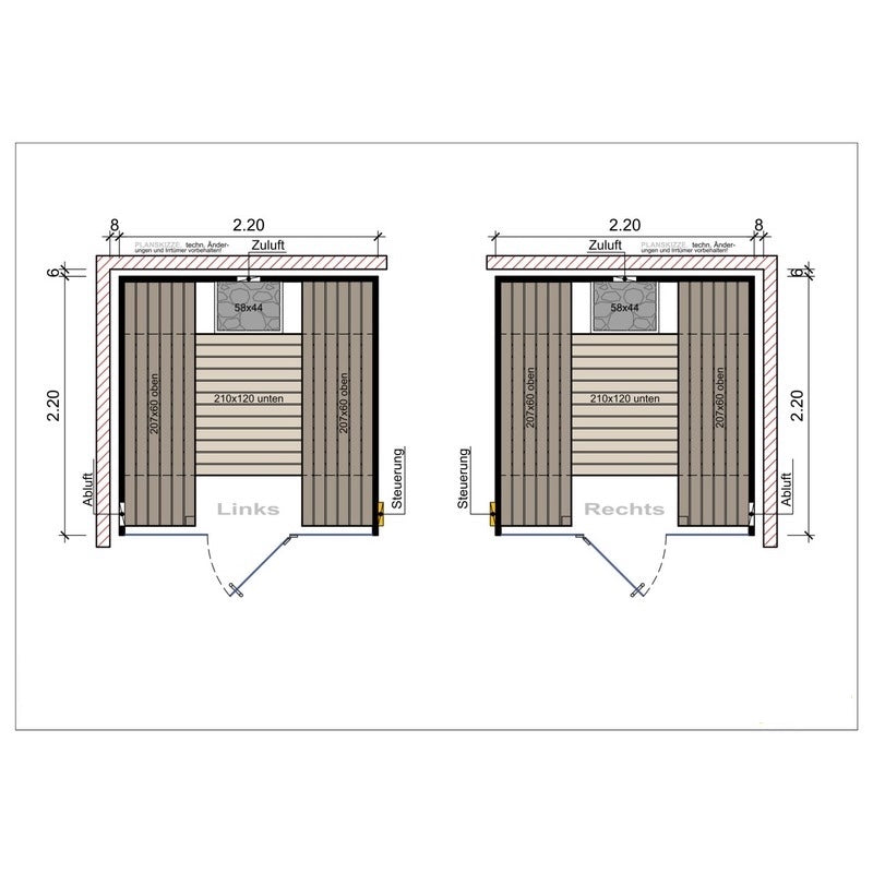 Grundrisszeichnung der Frieda Lux Sauna 2,20 x 2,20 m