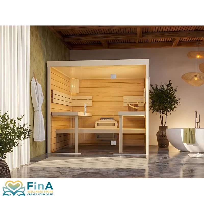 Frieda Lux Designsauna mit kompletter Glasfront – stilvolle Indoor-Wellnesslösung