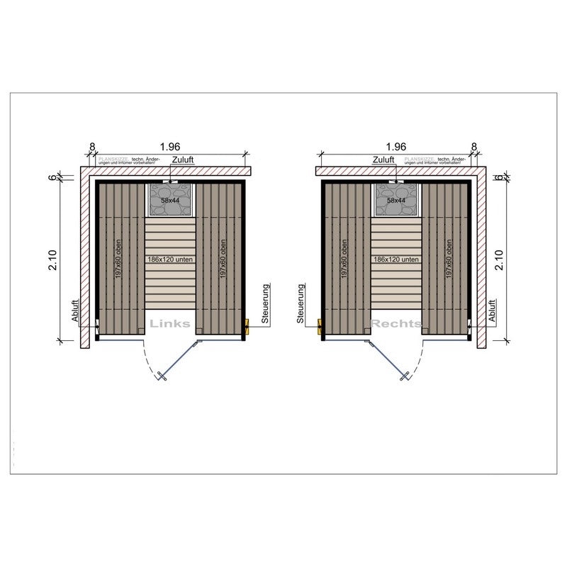 Technische Zeichnung der Frieda Sauna Lux in der Ausführung 1,96 x 2,10 m