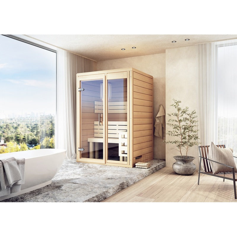 FinA Wellness Frieda Mini Sauna – Seitenansicht der Sauna in wohnlicher Umgebung mit Tageslicht und Pflanzen-Deko