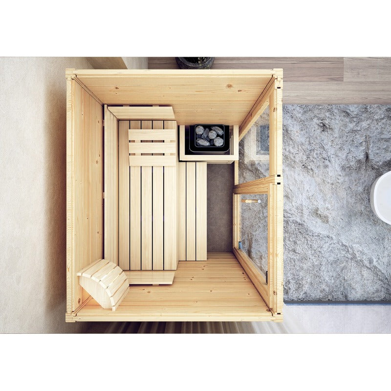 FinA Wellness Frieda Mini Sauna – Aufsicht auf die Innenaufteilung mit Ofen, Bank und Rücklehne