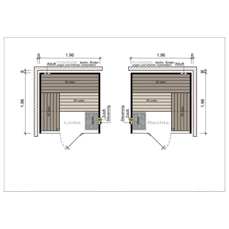 Technische Skizze der FinA Wellness Frieda Sauna, Modell 1,96 x 1,96 m, mit Glasfront links und rechts