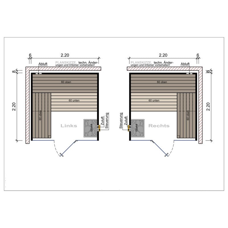 Grundrisszeichnung der Frieda Sauna 2,20 x 2,20 m mit ESG-Glasfront und zwei Konfigurationsoptionen