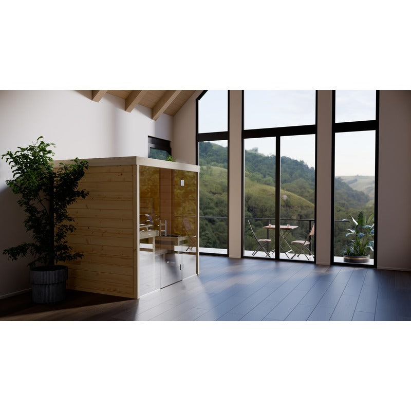 FinA Wellness Frieda Sauna mit Glasfront in moderner Wohnumgebung mit großen Fenstern und Naturblick
