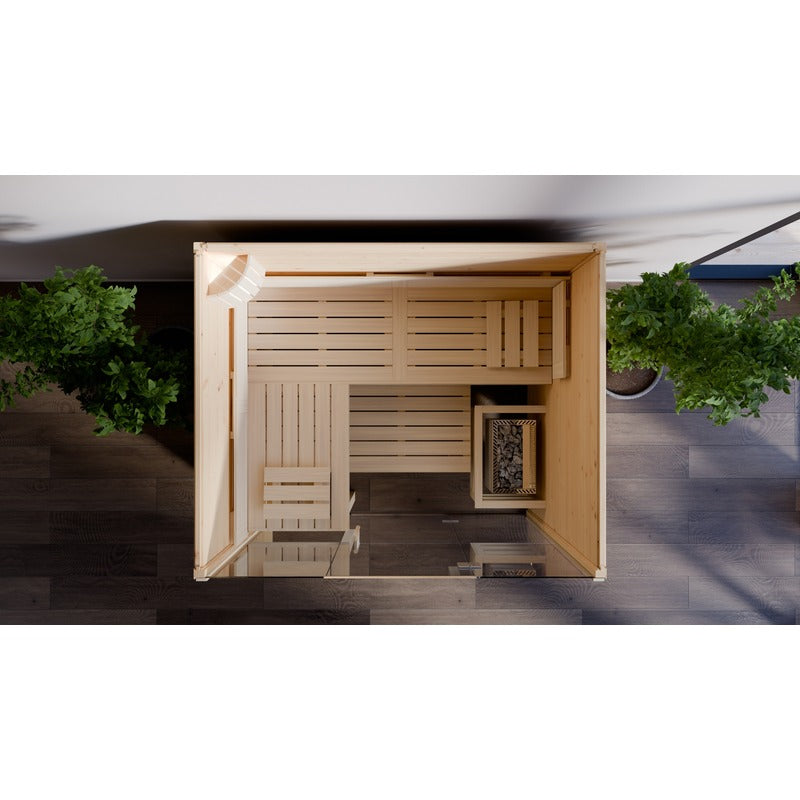 Draufsicht auf die FinA Wellness Frieda Sauna mit Glasfront und heller Holz-Inneneinrichtung