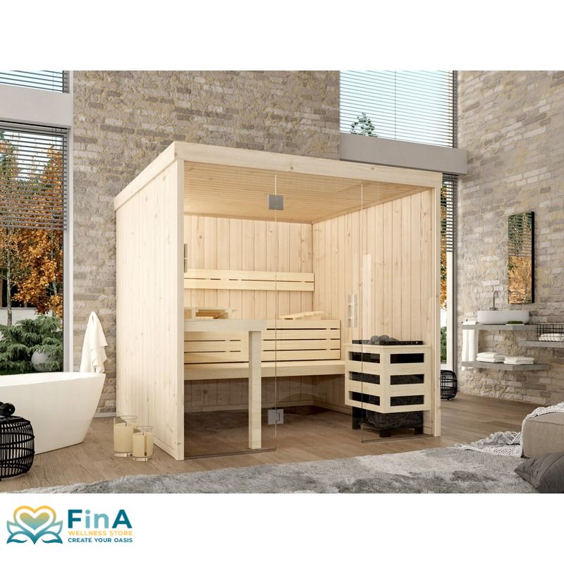 Detailansicht Glasfront der Leyla Sauna mit schwellenloser Tür und Design-Stangengriff
