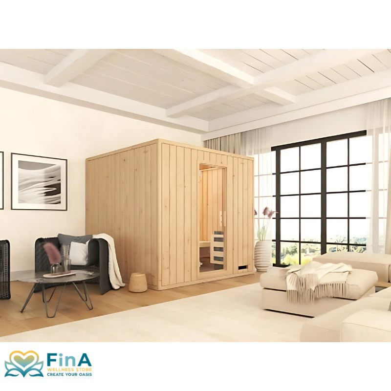 Indoor-Sauna Leyla von FinA Wellness – elegante Holzsauna mit Glasdetails in lichtdurchflutetem Wohnraum
