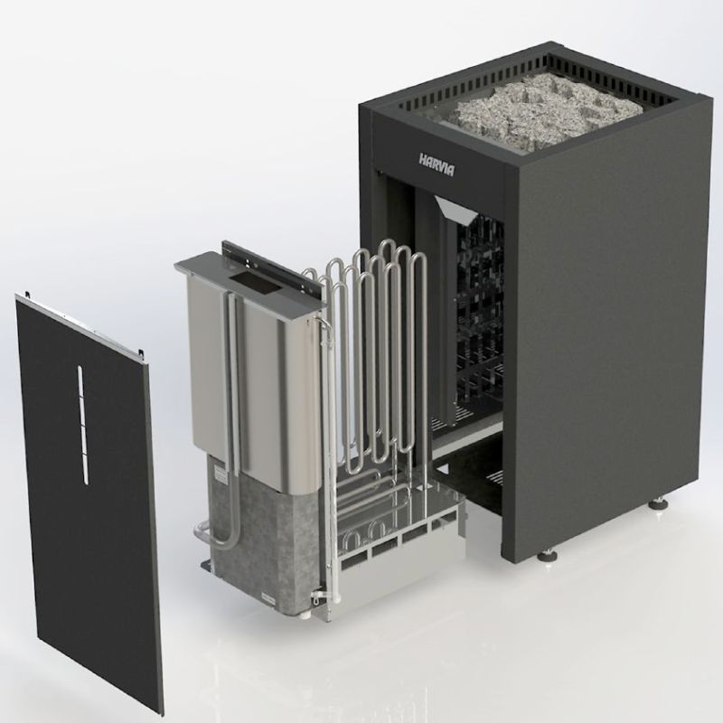 Detailansicht des Harvia Virta Combi Saunaofens mit freigelegtem Verdampfermodul und Heizelementen – technische Darstellung des Innenaufbaus.
