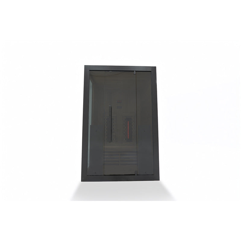 Frontansicht der geschlossenen Infrarotkabine mit schwarzem Rahmen und Glasfront