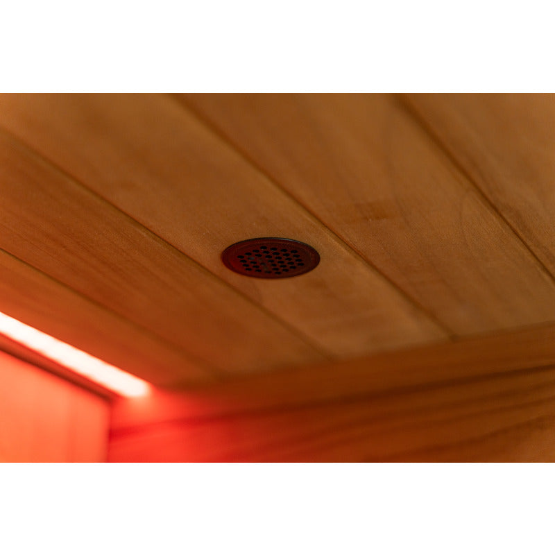 Deckenlautsprecher in die Holzverkleidung der Infrarotkabine integriert – für dezenten Klanggenuss
