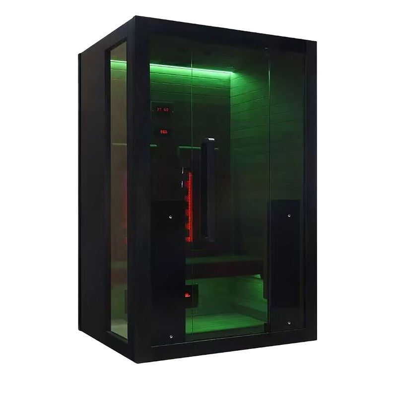 Design-Infrarotkabine mit grünem LED-Licht – moderne Seitenansicht bei Beleuchtung