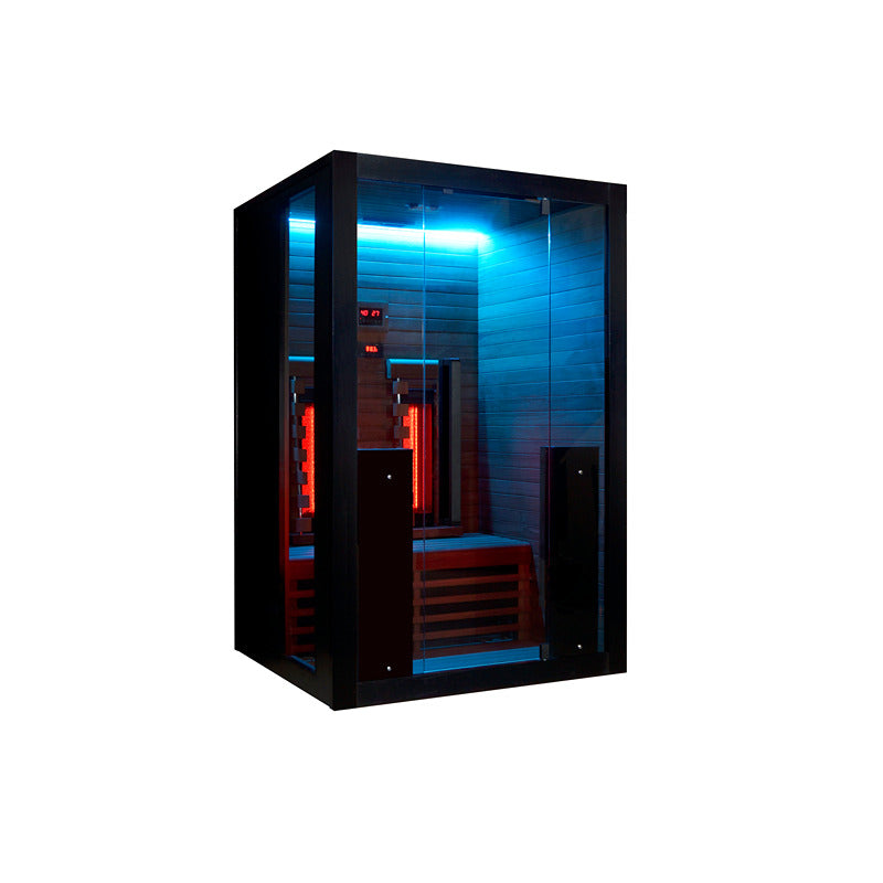 Infrarotkabine mit blauer LED-Farblichttherapie und sichtbaren Keramikstrahlern