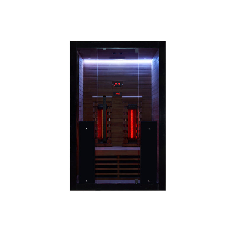 Frontansicht der Infrarotkabine mit kühler LED-Beleuchtung und zwei Hochleistungsstrahlern
