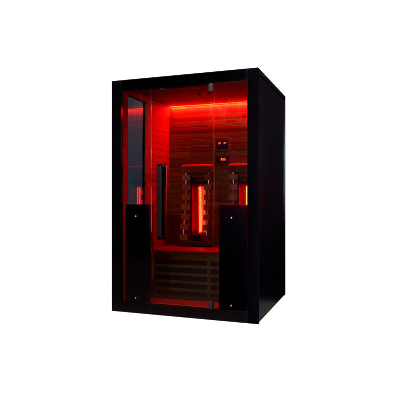Schräge Außenansicht der Infrarotkabine mit roter Beleuchtung und gläserner Fronttür