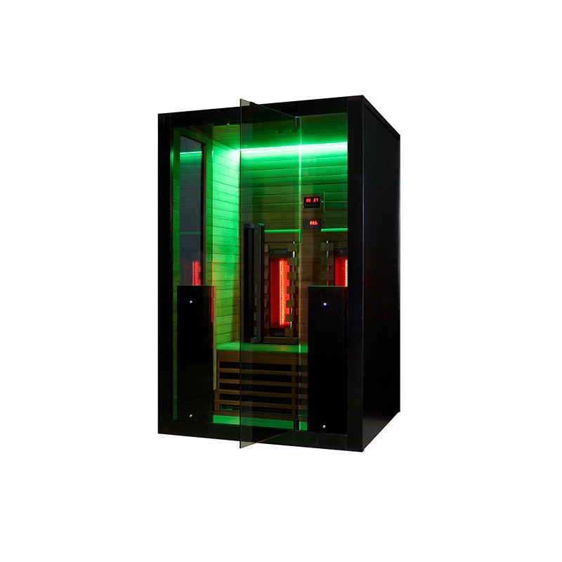 Infrarotkabine mit geöffneter Glastür und grüner LED-Farblichttherapie – moderne Innenansicht mit sichtbaren Keramikstrahlern