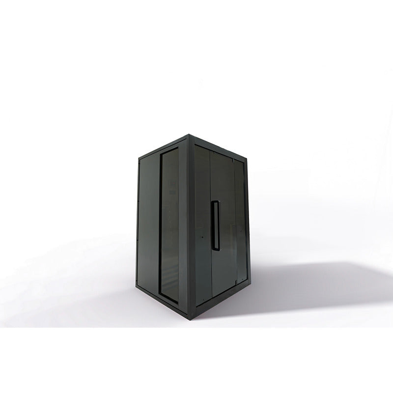 Seitliche Außenansicht der eleganten Infrarotkabine mit getönten Glasscheiben und schwarzem Korpus