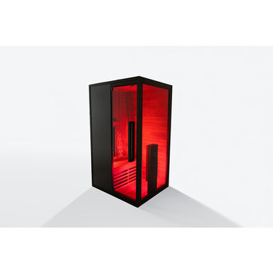Rot beleuchteter Innenraum der Hekla IR 100 Infrarotsauna 100x120 für 1 Person