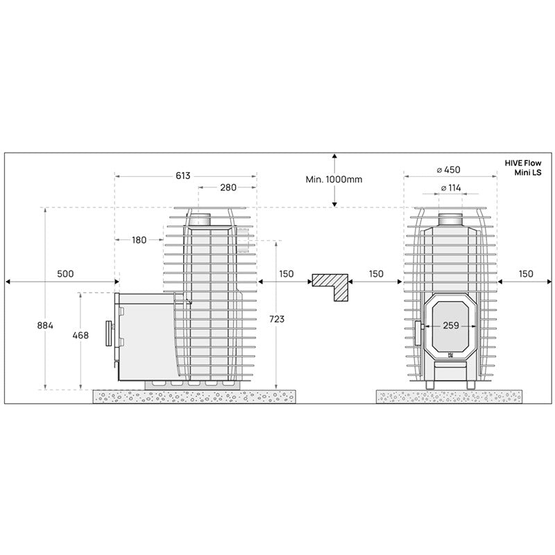 Technische Zeichnung des HUUM HIVE Flow Mini LS Holzsaunaofens mit Installationsabständen.