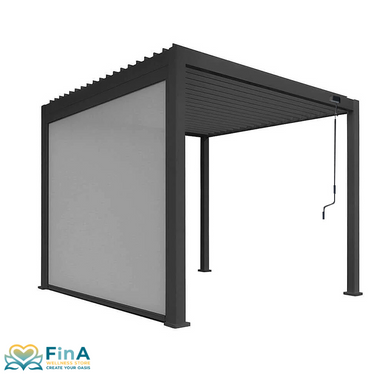Bioclimatic Pergola in Schwarz mit manuell verstellbaren Lamellen und integriertem Seitenrollo – modernes Outdoor-Design für Terrasse oder Garten