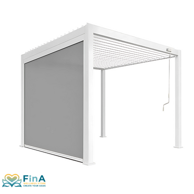 Weiße Bioclimatic Pergola mit verstellbaren Lamellen und Seitenrollo – elegante Überdachungslösung für stilvolle Gartenbereiche