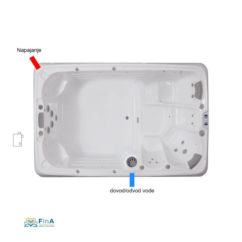 Draufsicht Whirlpool JJSPA Beta 1151 – Übersicht über Massagezonen, Steuerung und Wasseranschlüsse