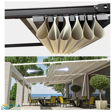 Detailansicht der JJSPA EasyGlide Pergola mit motorisiertem Faltmechanismus: Oben das zusammengefaltete Dachsystem in Nahaufnahme, unten eine geöffnete Pergola auf einer Terrasse mit Ausblick auf Meer und Garten – eleganter Sonnenschutz mit automatischer Steuerung.
