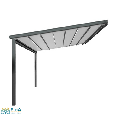 Wandmontierte JJSPA EasyGlide Pergola mit motorisiertem, einziehbarem Dach aus Aluminium in Anthrazit – elegante Outdoor-Überdachung mit zwei vorderen Stützen.