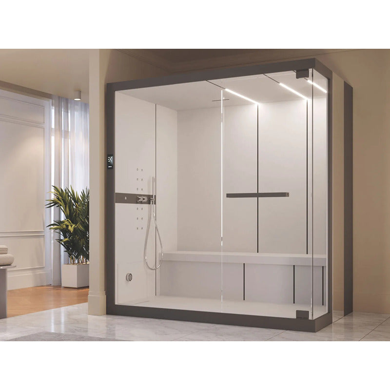 Frontalansicht der Celsius Hammam Dampfbadkabine von Novellini mit integrierter Handbrause, Sitzbank und flächenbündiger LED-Beleuchtung – modernes Design im Detail.