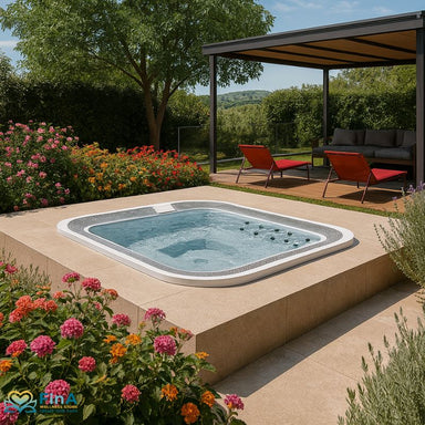 Novellini Moon Outdoor Whirlpool in mediterranem Garten auf stilvoller Dachterrasse – umgeben von bunten Blumen, Lounge-Bereich und Naturblick.