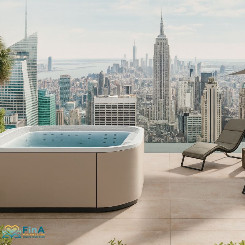 Novellini Moon Outdoor Whirlpool für bis zu 7 Personen auf Dachterrasse mit Blick auf New York Skyline – modernes Design, City-Luxus und Entspannung vereint.