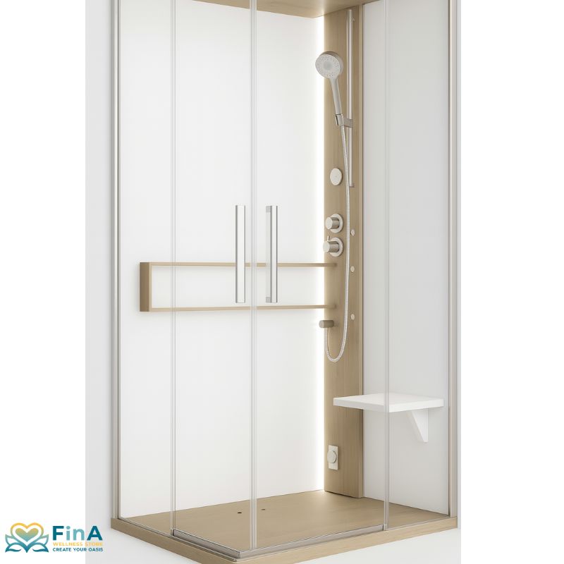 Novellini Glax 2 A Dampfdusche in Farbvariante Corda mit Holzoptik-Akzent, transparenter Front und klarem Glas, ausgestattet mit Massagedüsen, Sitz und eleganter Armatur – natürliche, wohnliche Gestaltung.