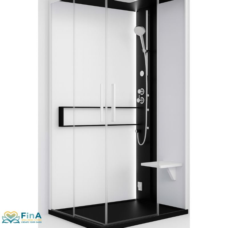 Kontrastreiche Variante der Novellini Glax 2 A Dampfdusche mit weißem Korpus und schwarzen Akzenten, klarem Glas, Regendusche und Massagedüsen – stilvolles Design für exklusive Raumkonzepte.
