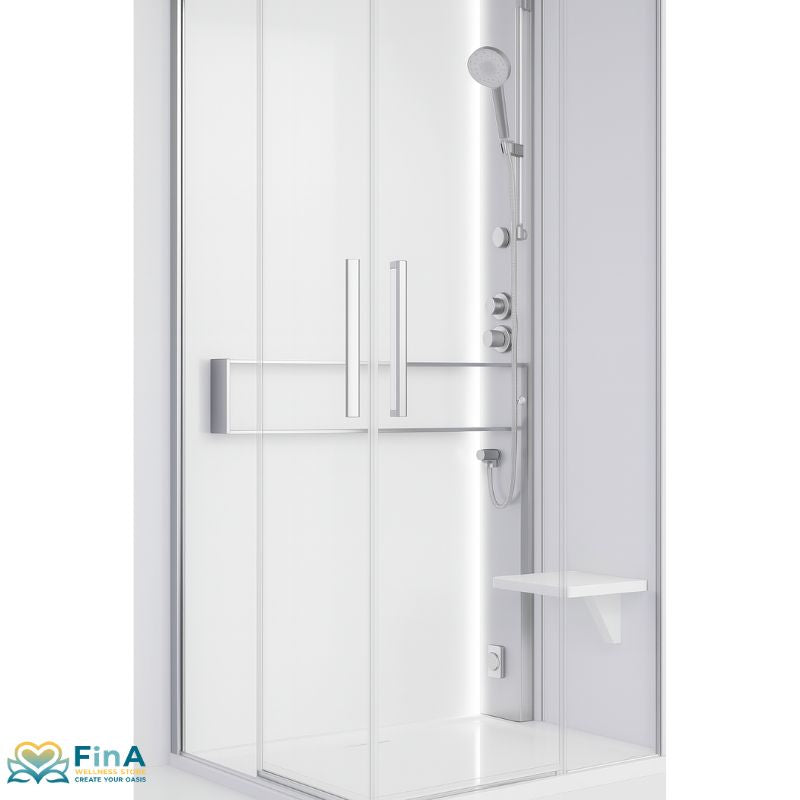 Novellini Glax 2 A Dampfdusche in Silber mit Glasfront, verchromter Handbrause, LED-Streifen und funktionalem Klappsitz – stilvoll und dezent für moderne Badkonzepte.