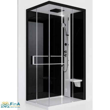 Novellini Glax 2 A Dampfdusche in weiße Ausführung mit klarer Glastür, Sitz, Kopf- und Handbrause, LED-Beleuchtung und moderner Soft-Touch-Bedienung – kontrastreiches Design für anspruchsvolle Bäder.