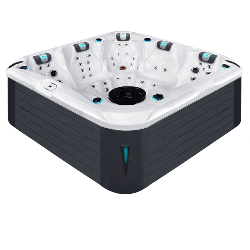 Passion Spas Exhilarate Mighty Wave Spa – Seitenansicht des Whirlpools für 5 Personen mit moderner Acrylwanne in Weiß und stilvoller, alter - dunkler Verkleidung