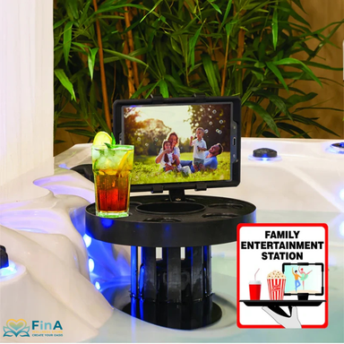 Tablet-Halterung auf Skimmer Bar in Whirlpool mit Getränk – Entertainment-Station für Spa & Familie