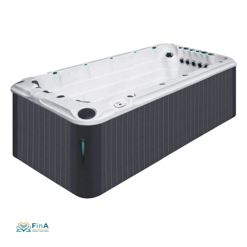 Swim Spa Activity 2 Seitenansicht – modernes Design mit schwarzer, wartungsfreier Verkleidung, Aristech® Acrylwanne und Everlast™ Vollbodenstütze.
