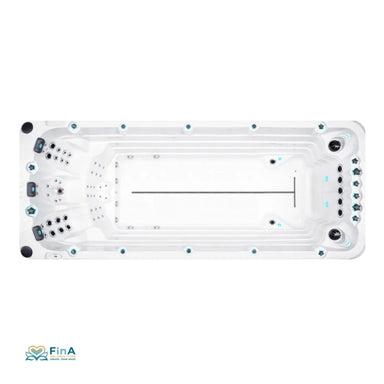 Swim Spa Passion Spas Activity 2 – Top-Ansicht des 549 cm langen Modells mit 58 Massagedüsen, 3 Liegeplätzen und leistungsstarken Swimjets für effektives Aquatraining.