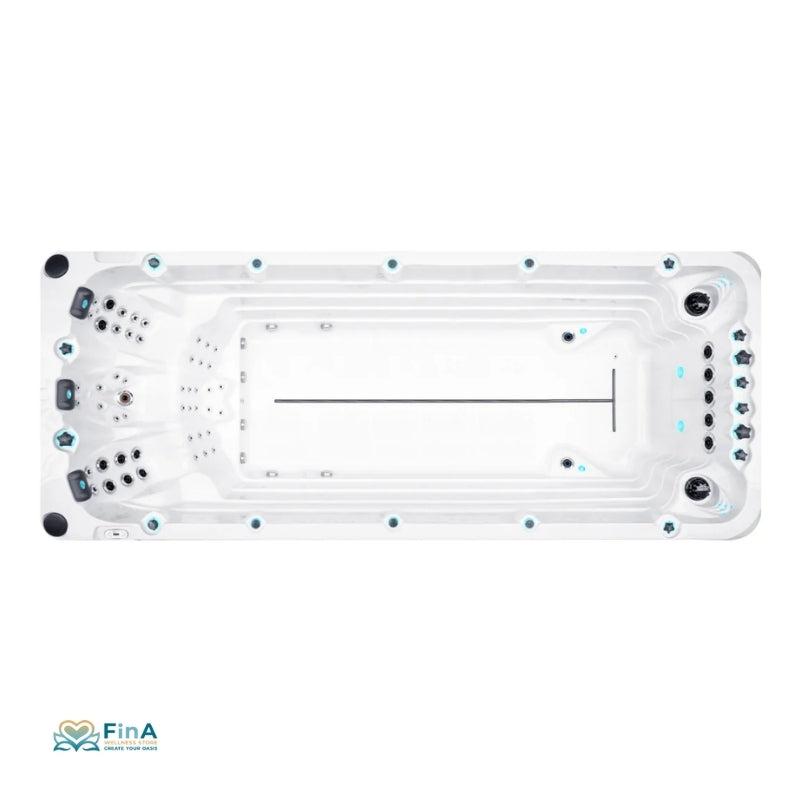 Swim Spa Passion Spas Activity 2 – Top-Ansicht des 549 cm langen Modells mit 58 Massagedüsen, 3 Liegeplätzen und leistungsstarken Swimjets für effektives Aquatraining.