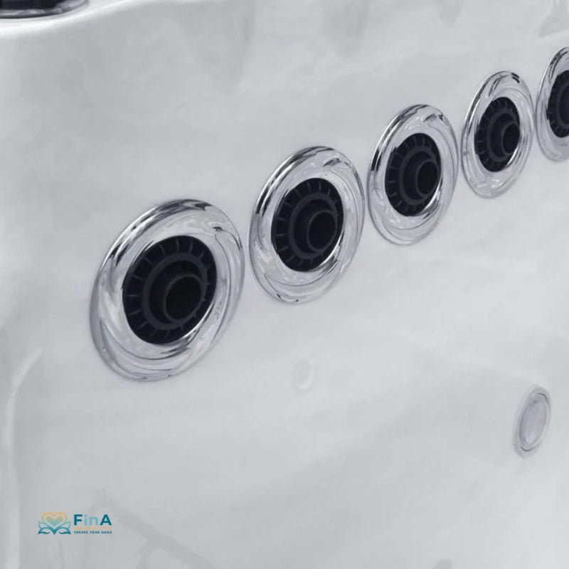 Top-View des Activity 2 Deep Swim Spa von Passion Spas – großzügiger Schwimmbereich mit 58 Massagedüsen und 3 ergonomischen Liegen, ideal für Aquafitness und Wellness.