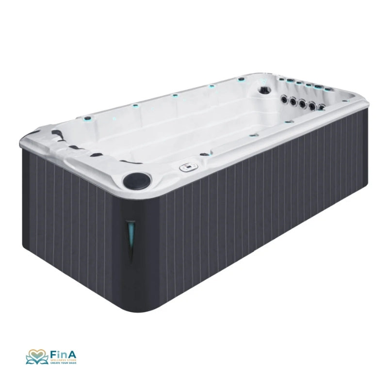 Swim Spa Activity 2 Deep von Passion Spas – moderne Seitenansicht mit wartungsfreier Verkleidung, ideal für Fitness, Entspannung und Ganzkörpermassage im Garten.