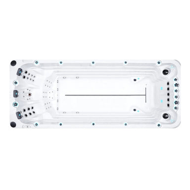 Top-View des Activity 2 Deep Swim Spa von Passion Spas – großzügiger Schwimmbereich mit 58 Massagedüsen und 3 ergonomischen Liegen, ideal für Aquafitness und Wellness.