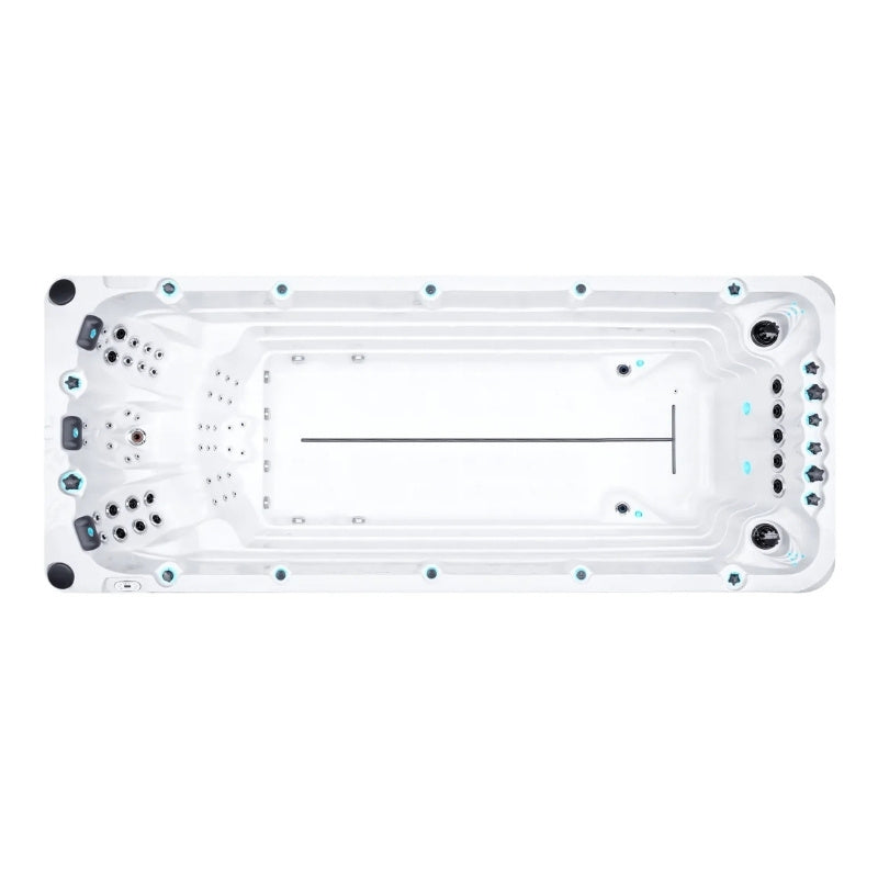Top-View des Activity 2 Deep Swim Spa von Passion Spas – großzügiger Schwimmbereich mit 58 Massagedüsen und 3 ergonomischen Liegen, ideal für Aquafitness und Wellness.