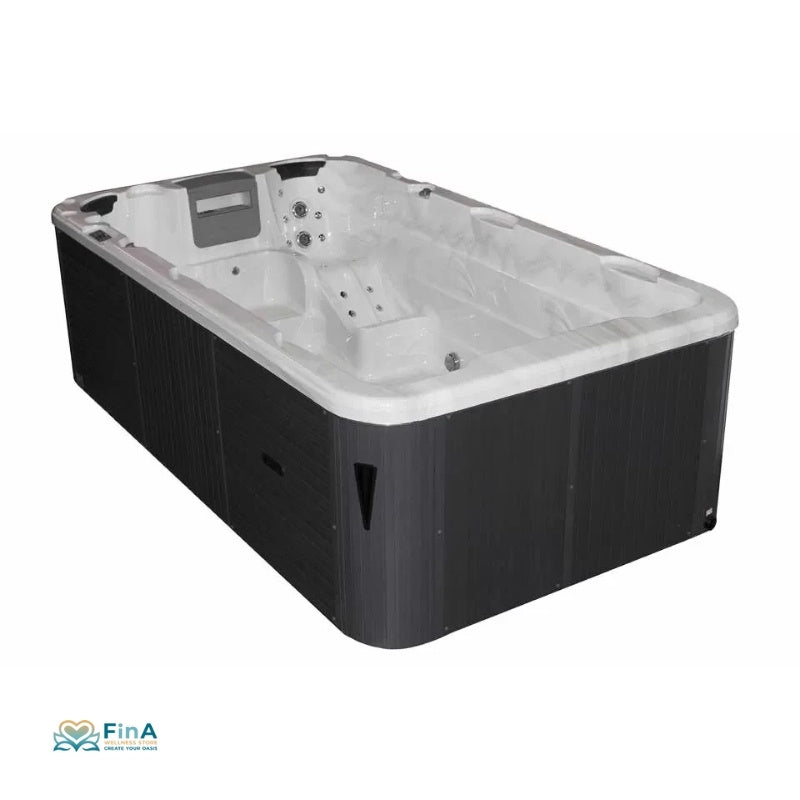 Aquatic 1 Eco Swim Spa â kompakter Whirlpool mit grauer AuĂenverkleidung und zwei ergonomischen LiegeplĂ€tzen