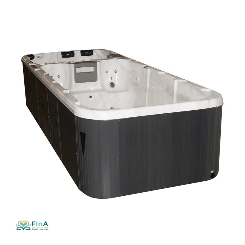 Aquatic 3 Swim Spa – moderne Seitenansicht mit grauer Verkleidung und zwei Wellnesszonen für Sport & Erholung